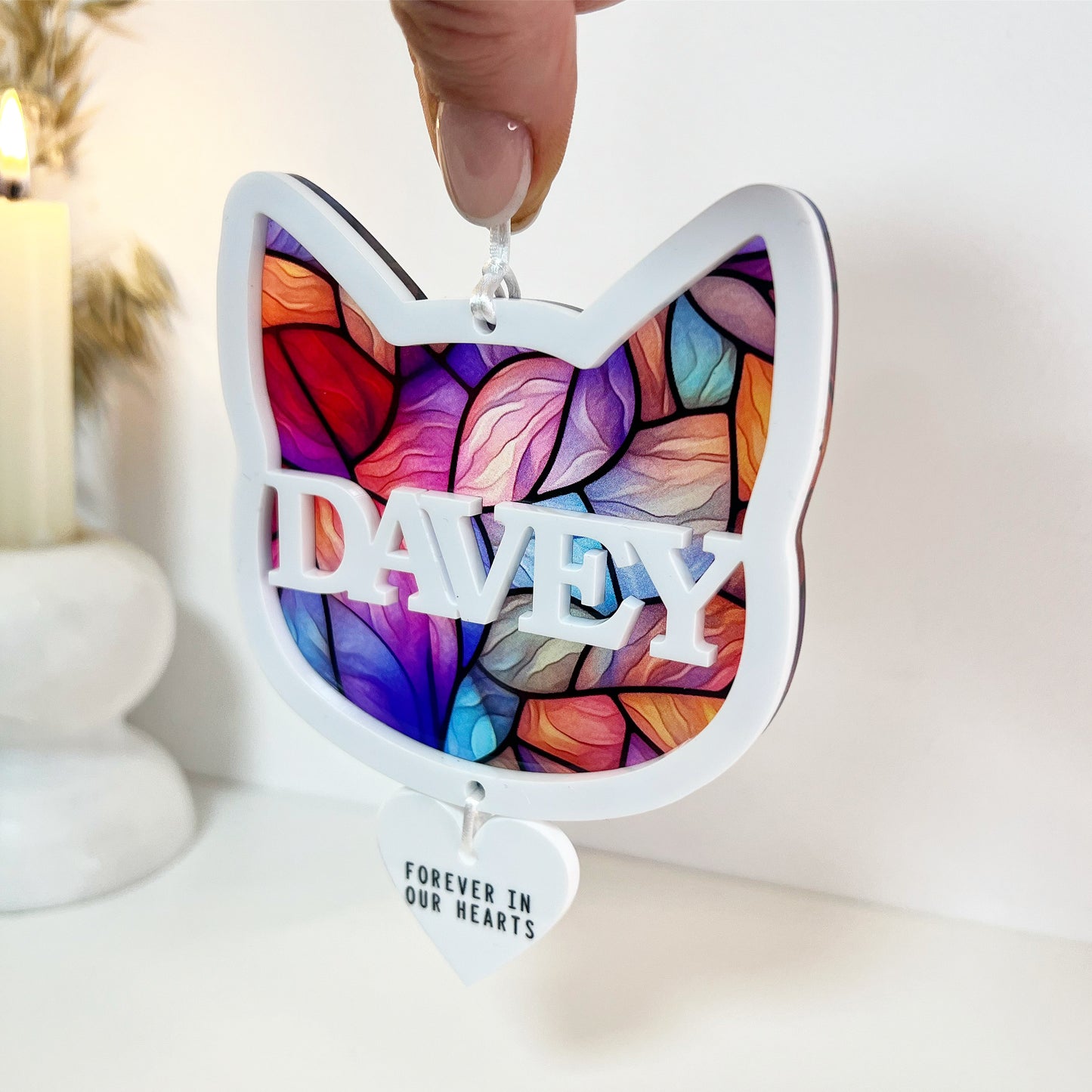 Multi Coloured White Cat Head Stained Glass