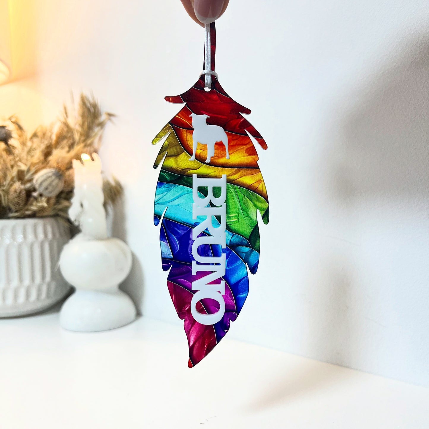 Rainbow Feather Dog Memorial Ornament