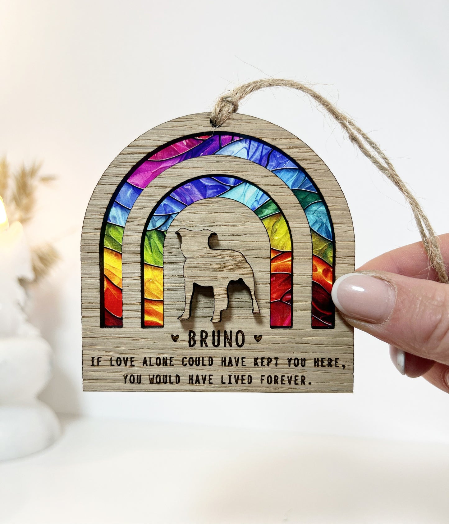 Rainbow Bridge Stained Glass with 3D Dog