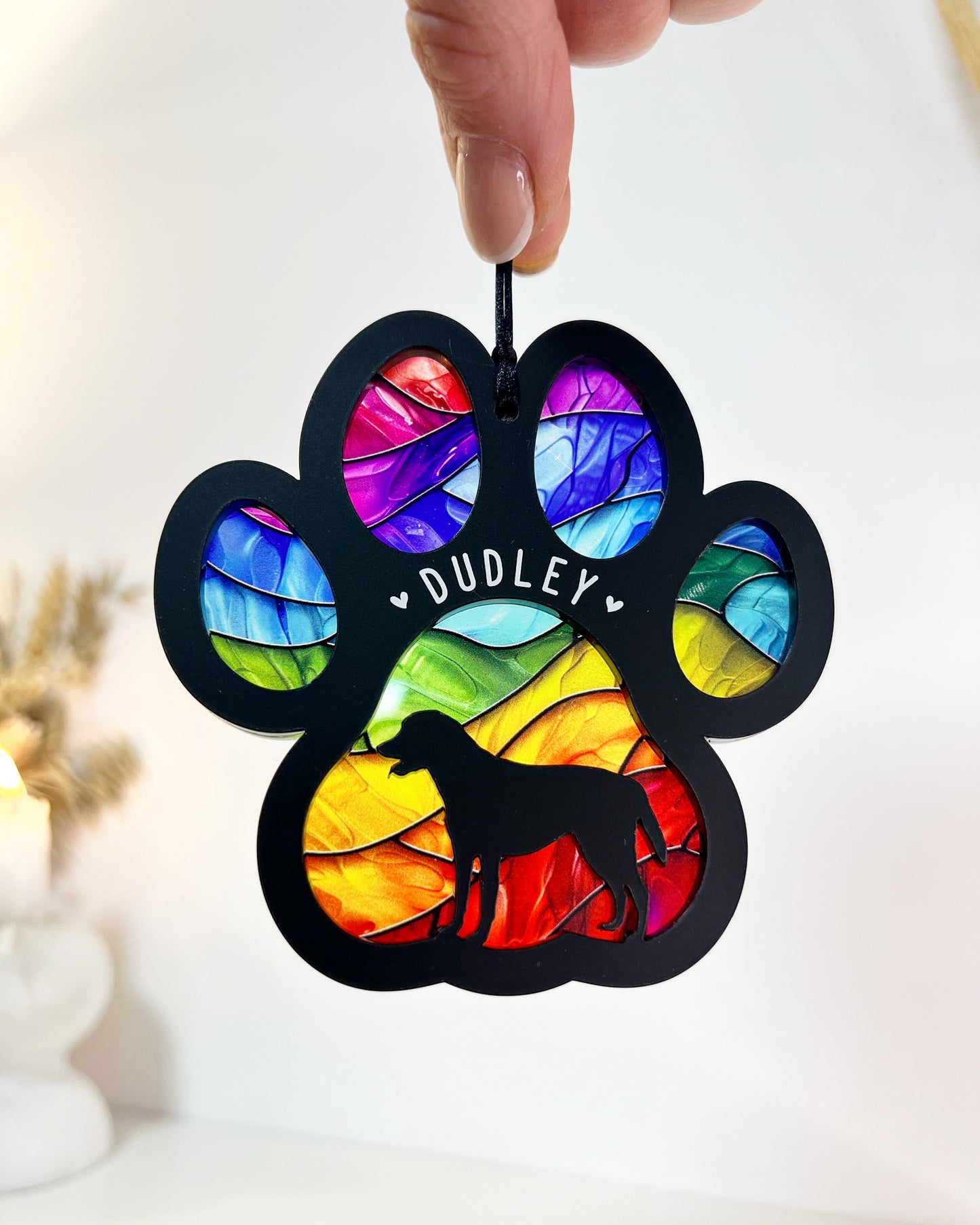 Outdoor Rainbow Black Paw Dog Silhouette Stained Glass
