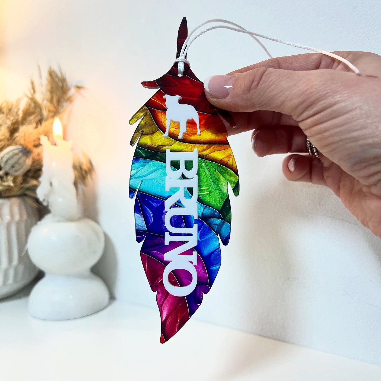 Rainbow Feather Dog Memorial Ornament
