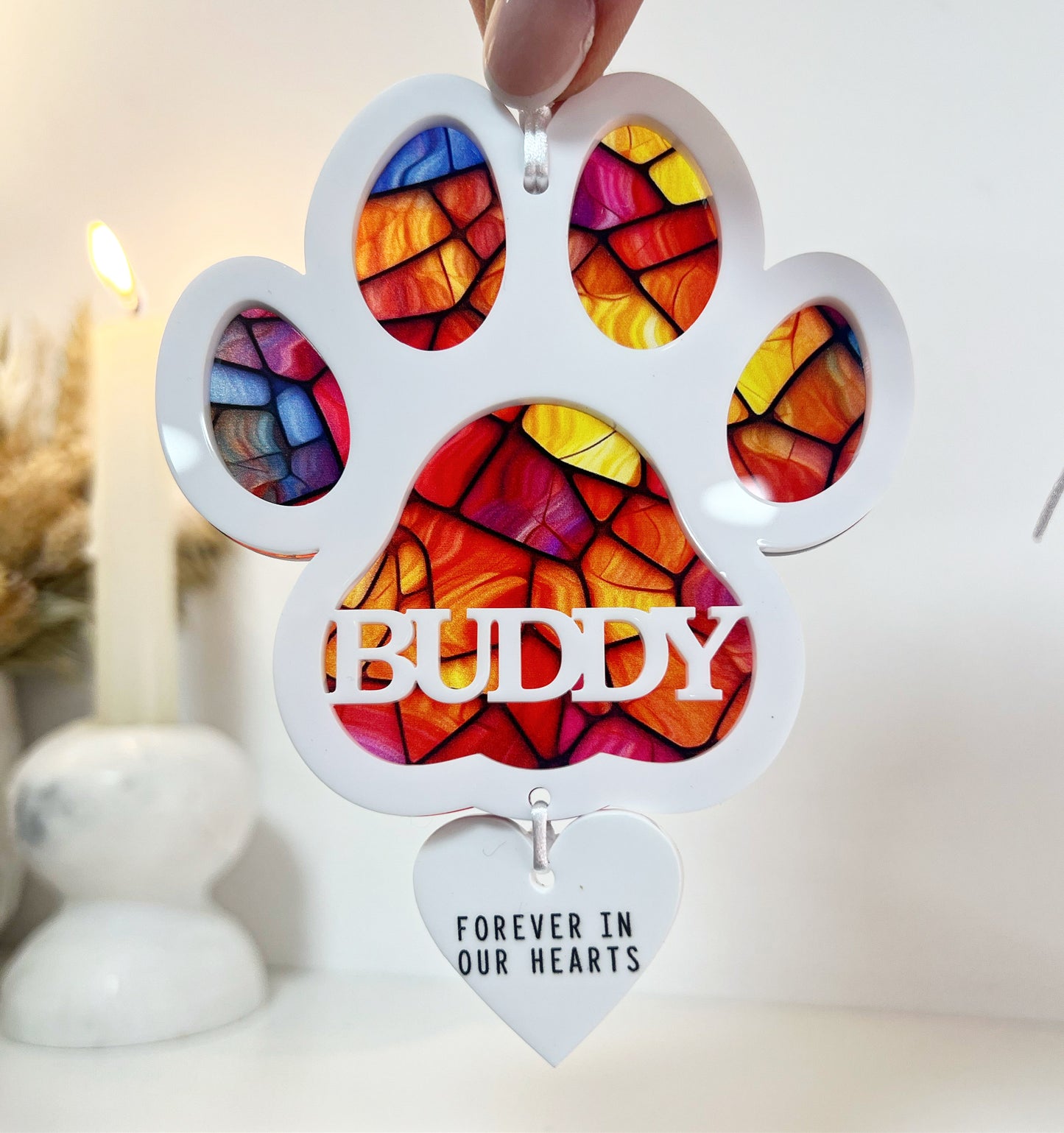 Red Dog White Paw Stained Glass