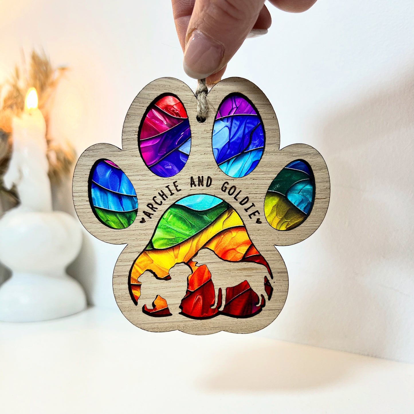 Two Dog Rainbow Bridge Stained Glass Ornament