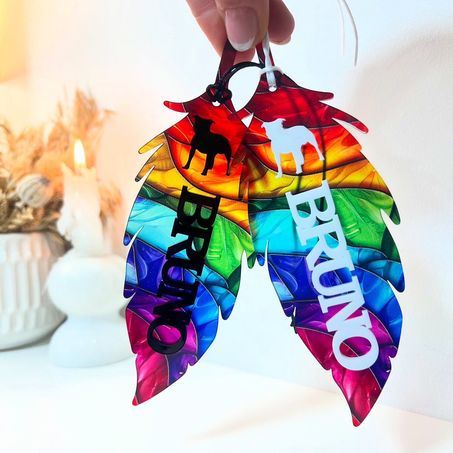 Rainbow Feather Dog Memorial Ornament