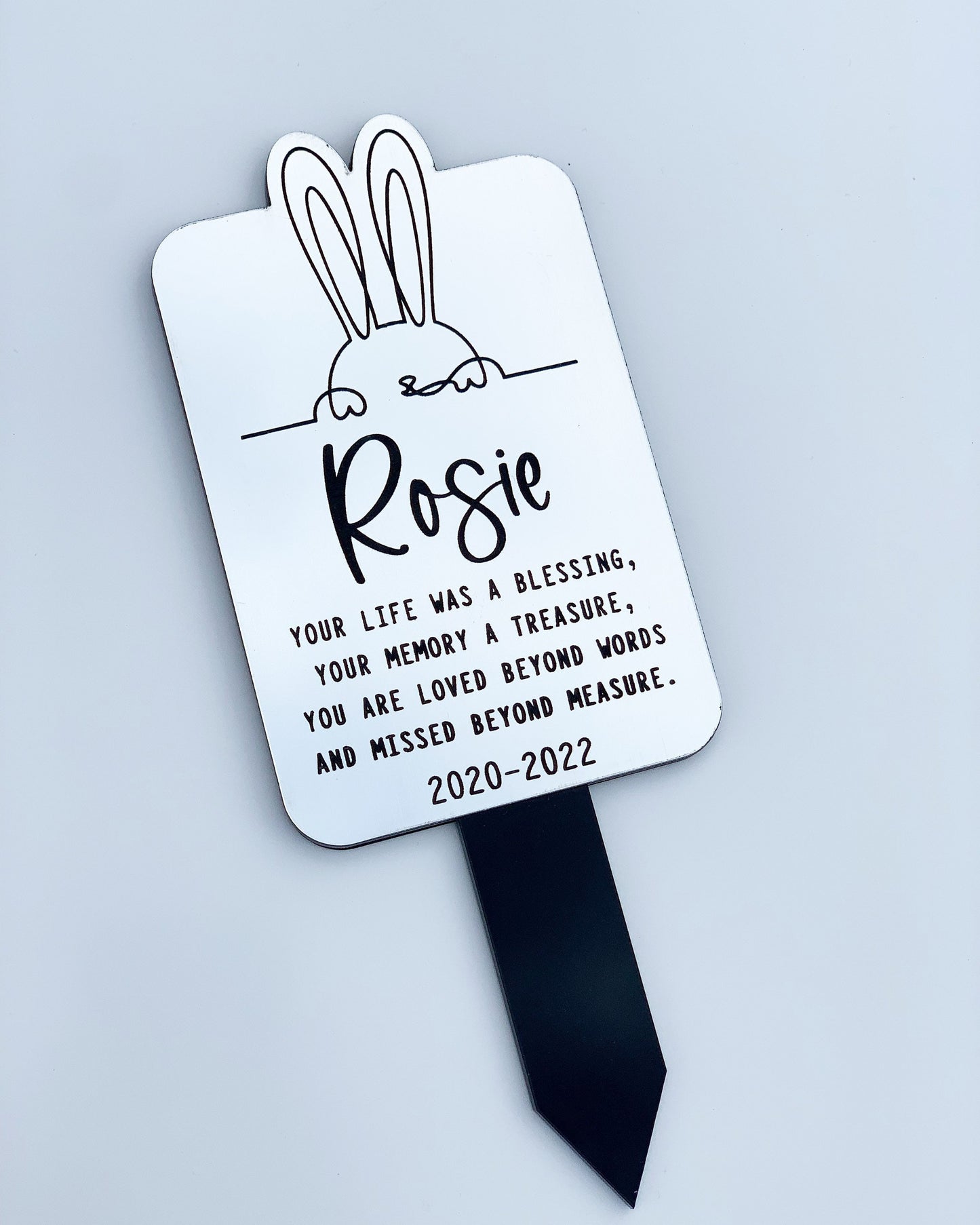 Rabbit grave marker memorial, Rabbit sympathy gift, Silver or Gold, Your life was a blessing.