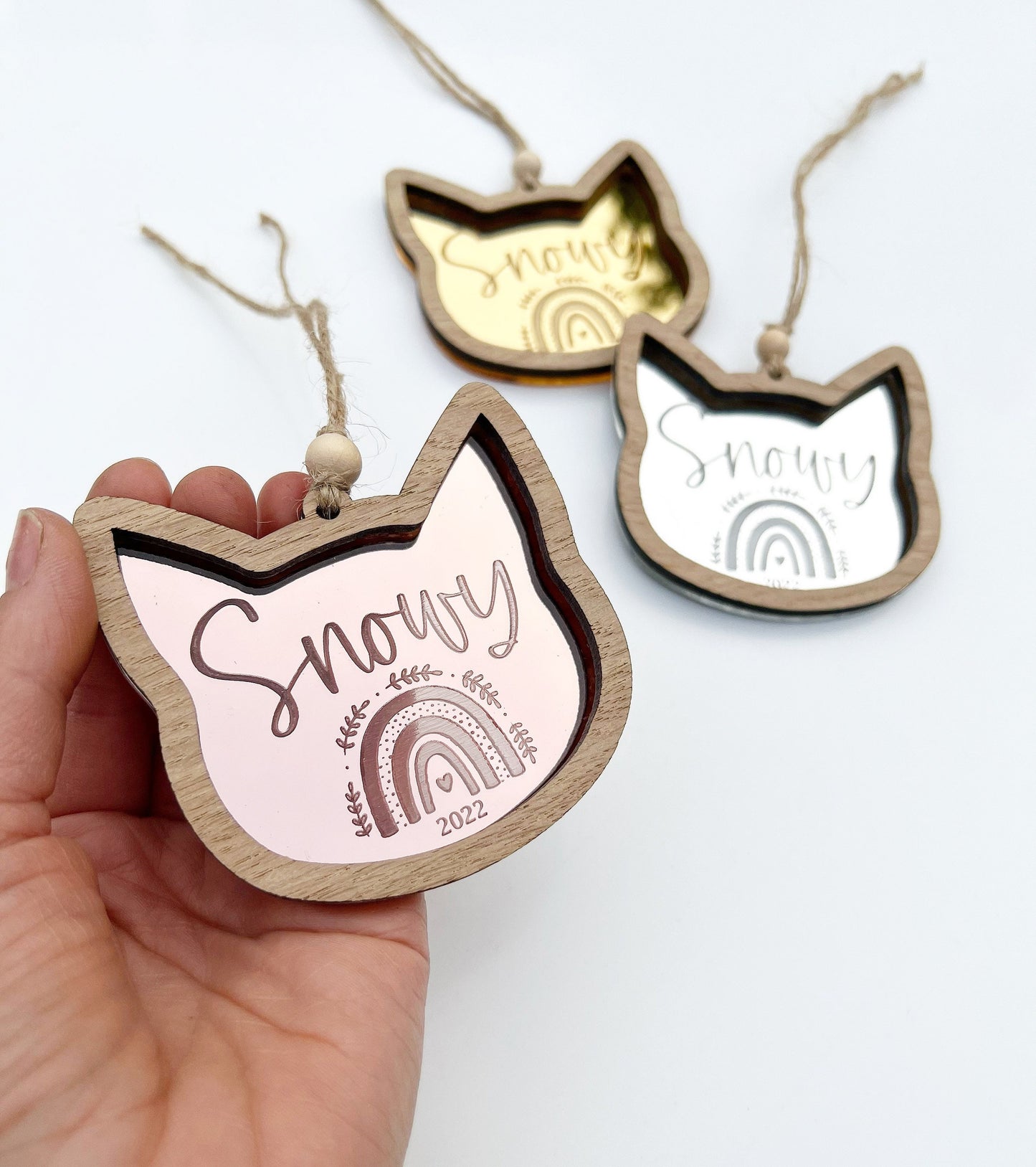 Personalised Cat Memorial Gift Made From Oak & Mirrored Perspex, Rainbow Bridge Inspired Gift, Personalised Cat Ornament, Customised Cat