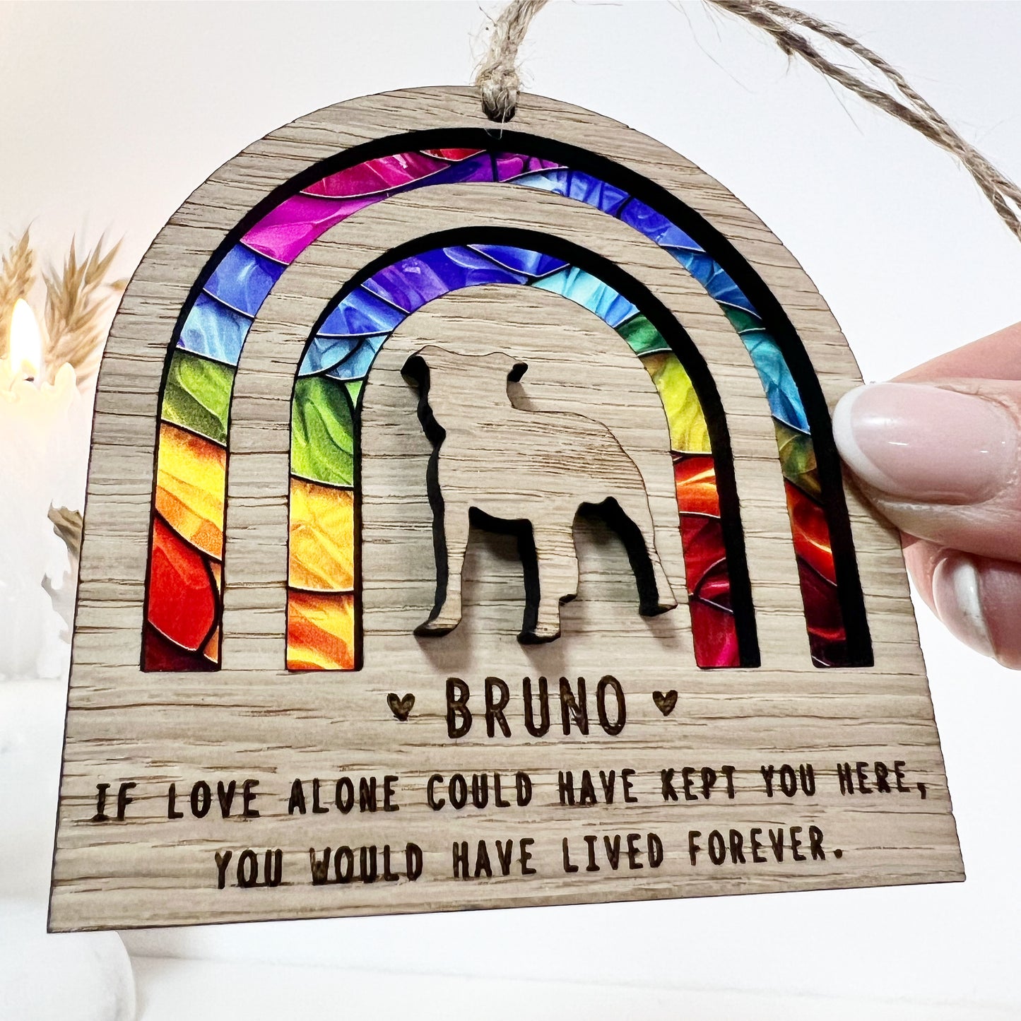 Rainbow Bridge Stained Glass with 3D Dog