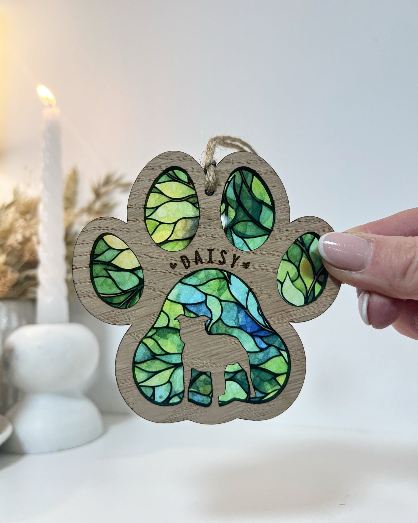 Green Paw Dog Breed Stained Glass