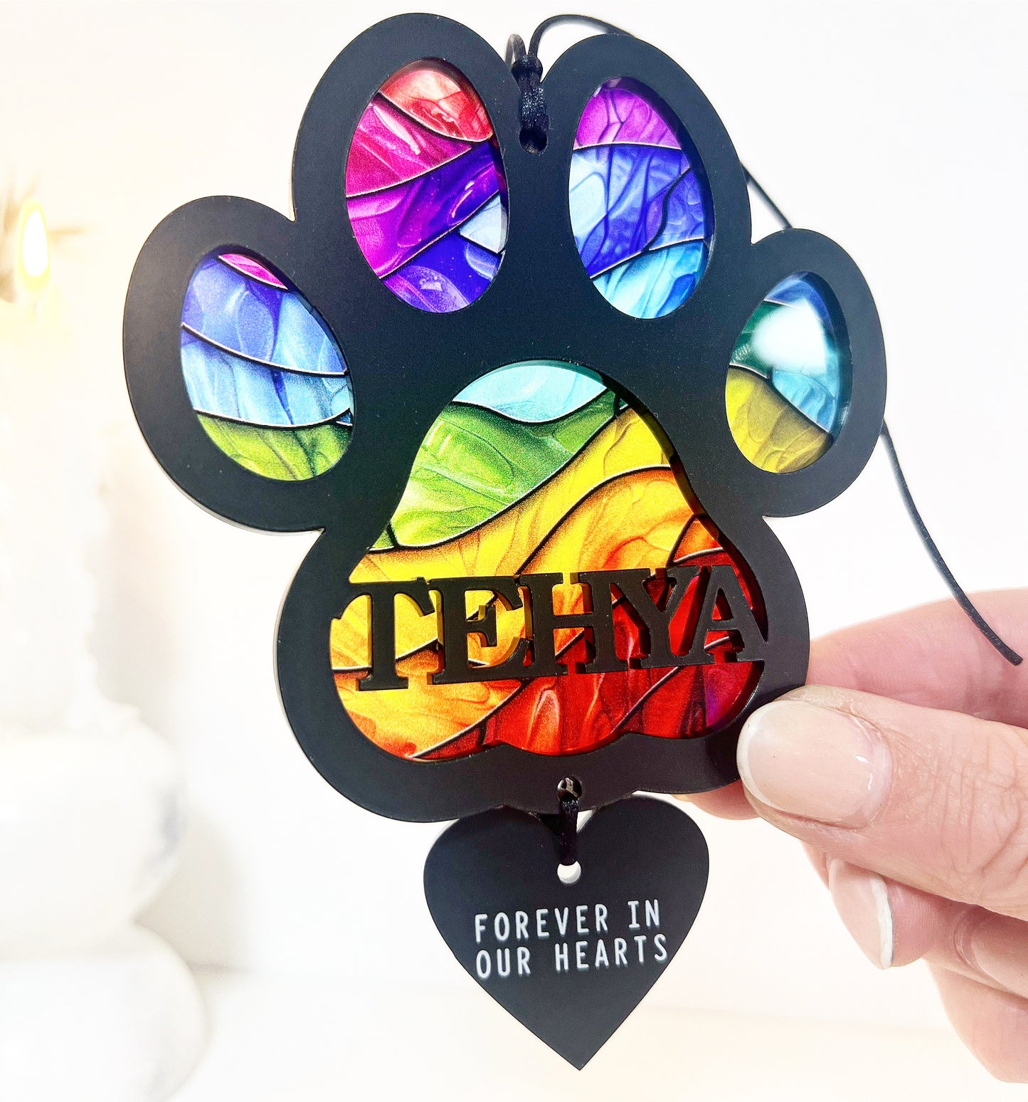 Outdoor Rainbow Dog Black Paw Stained Glass