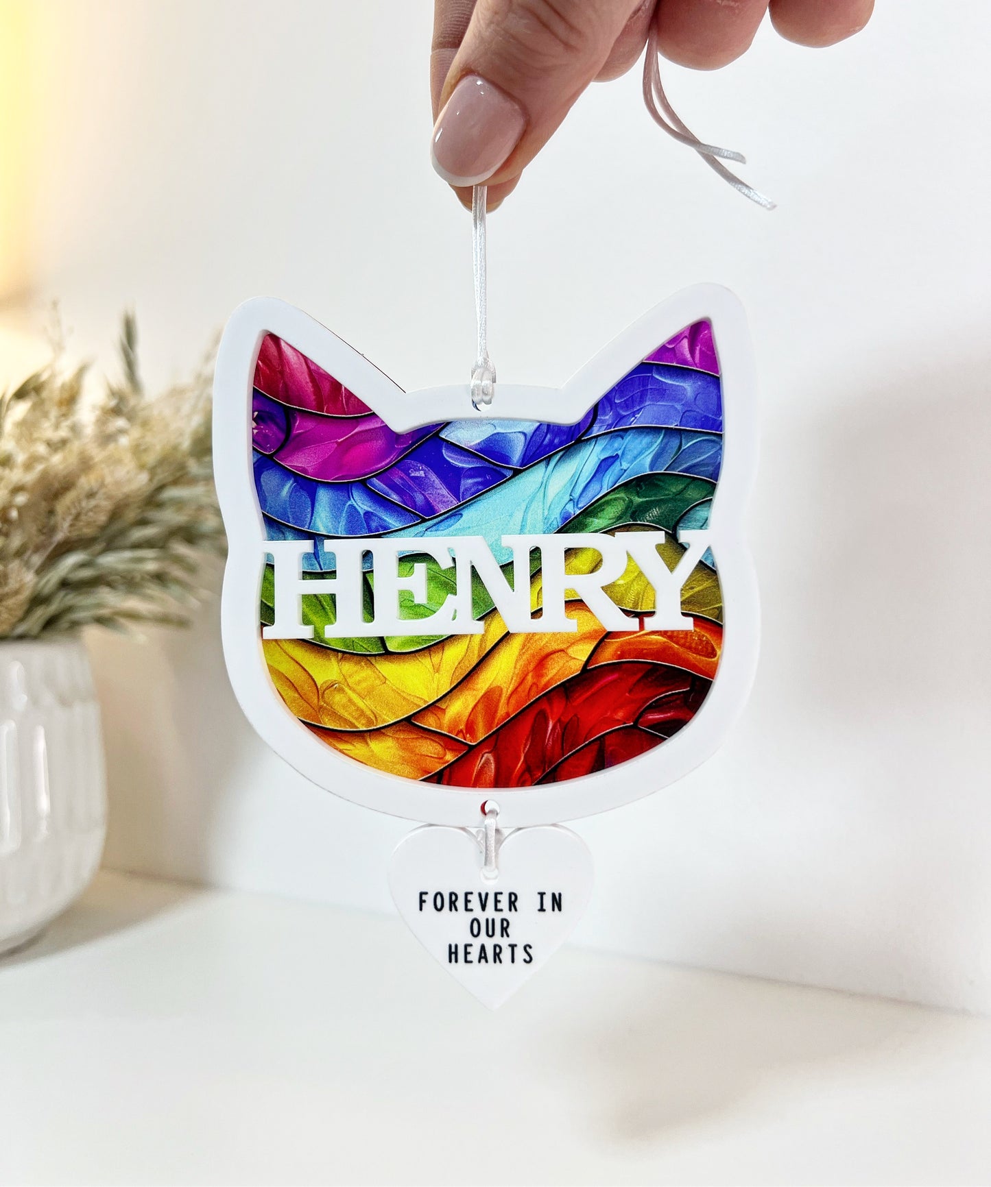 Rainbow White Cat Head Stained Glass