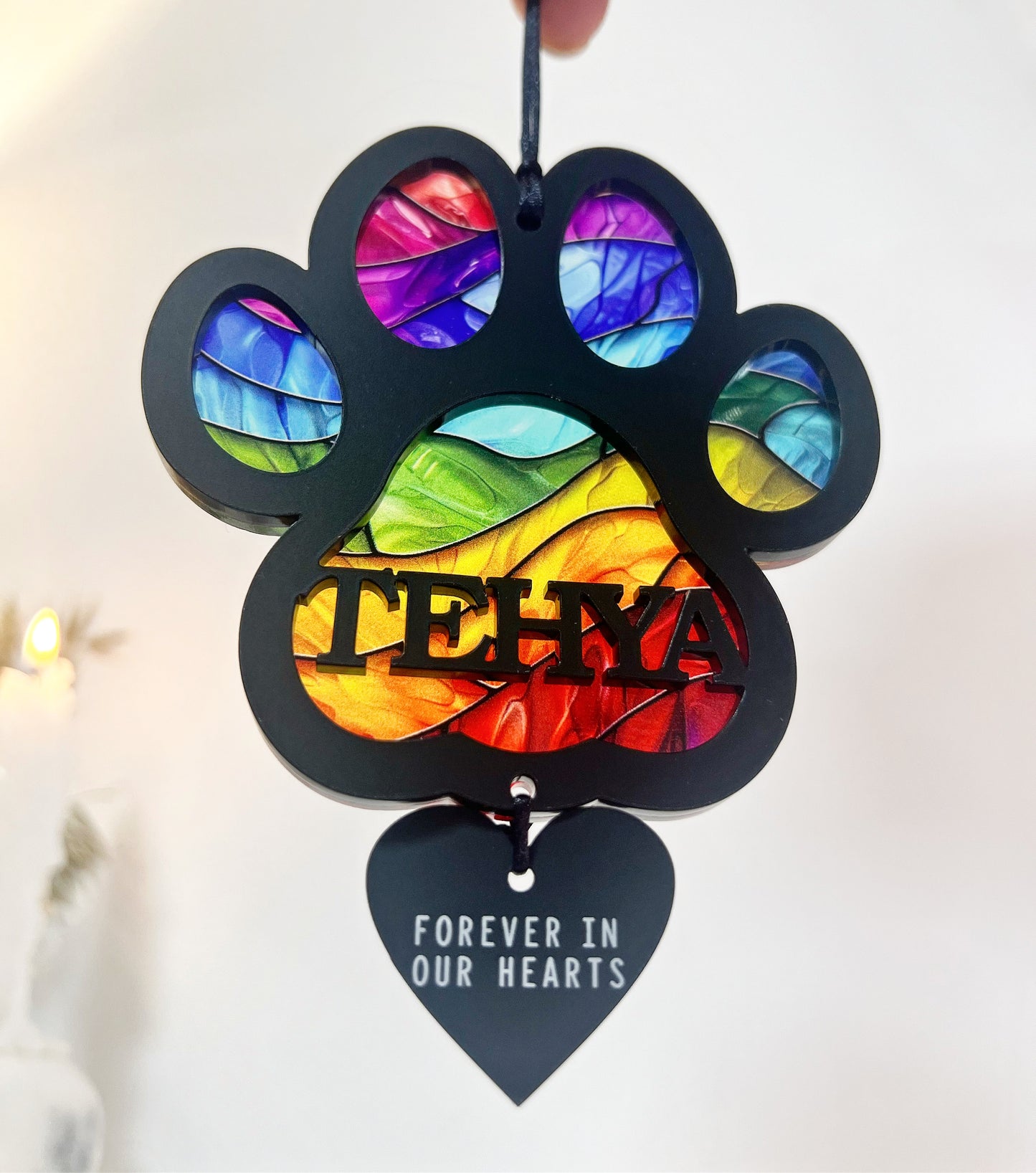 Outdoor Rainbow Dog Black Paw Stained Glass