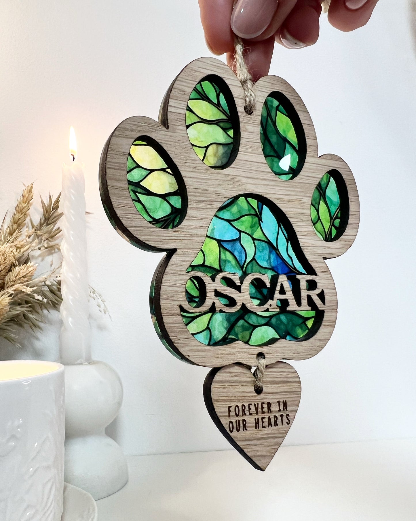 Green Dog Paw Stained Glass