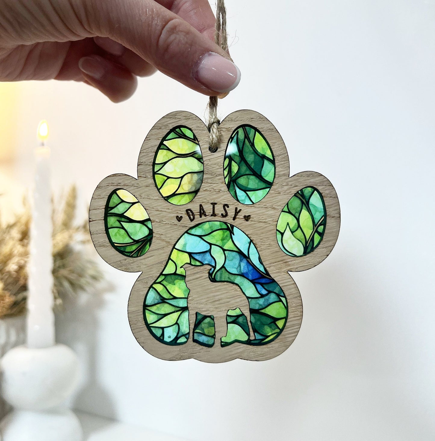 Green Paw Dog Breed Stained Glass