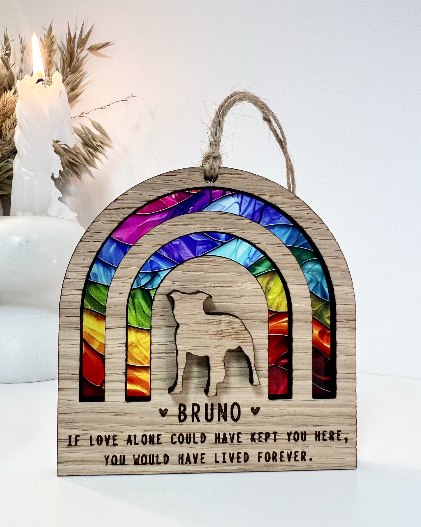 Rainbow Bridge Stained Glass with 3D Dog