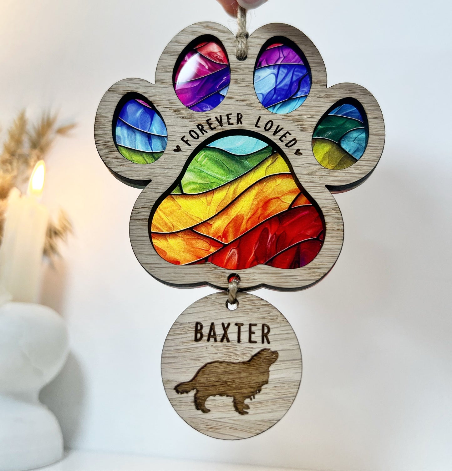 Rainbow Dog Paw Stained Glass Memorial