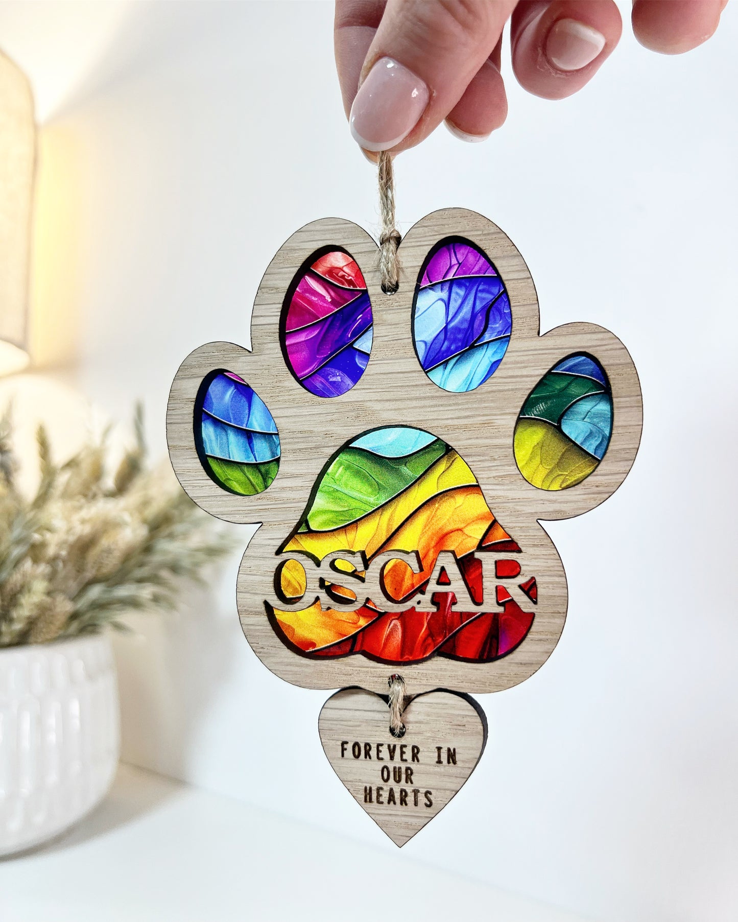 Rainbow Dog Paw Stained Glass