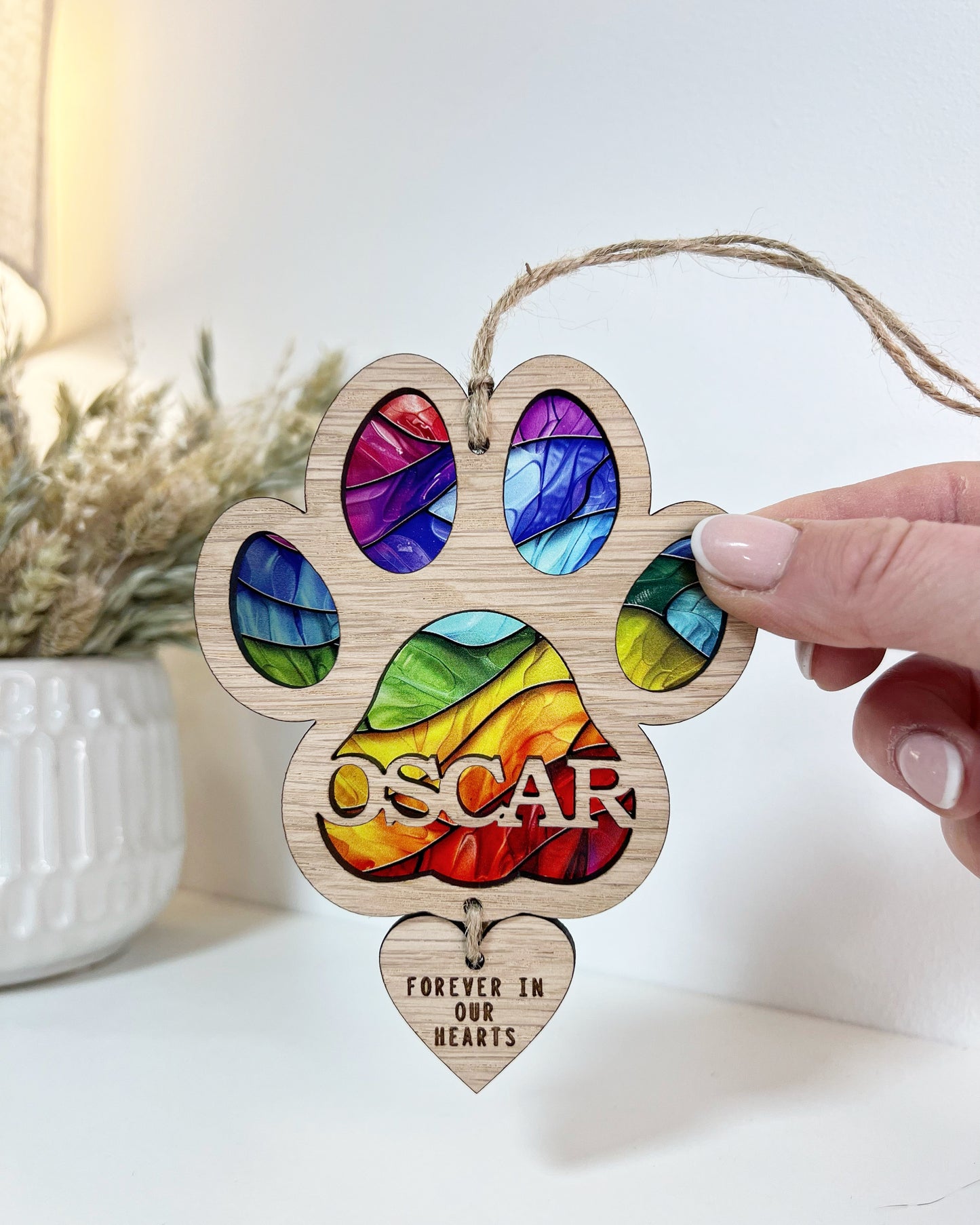 Rainbow Dog Paw Stained Glass