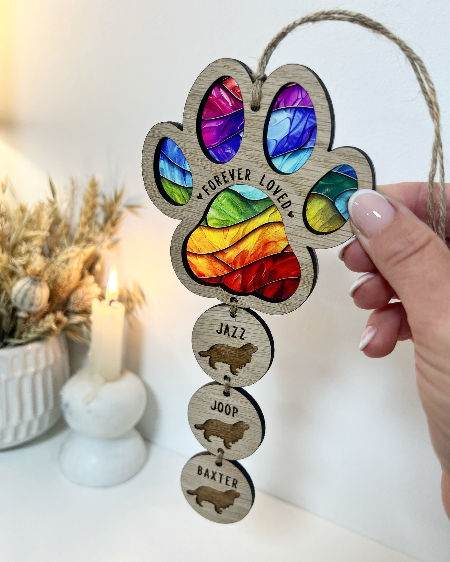 Rainbow Dog Paw Stained Glass Memorial