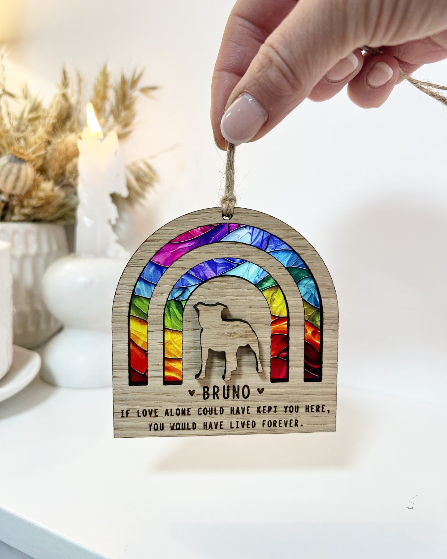 Rainbow Bridge Stained Glass with 3D Dog