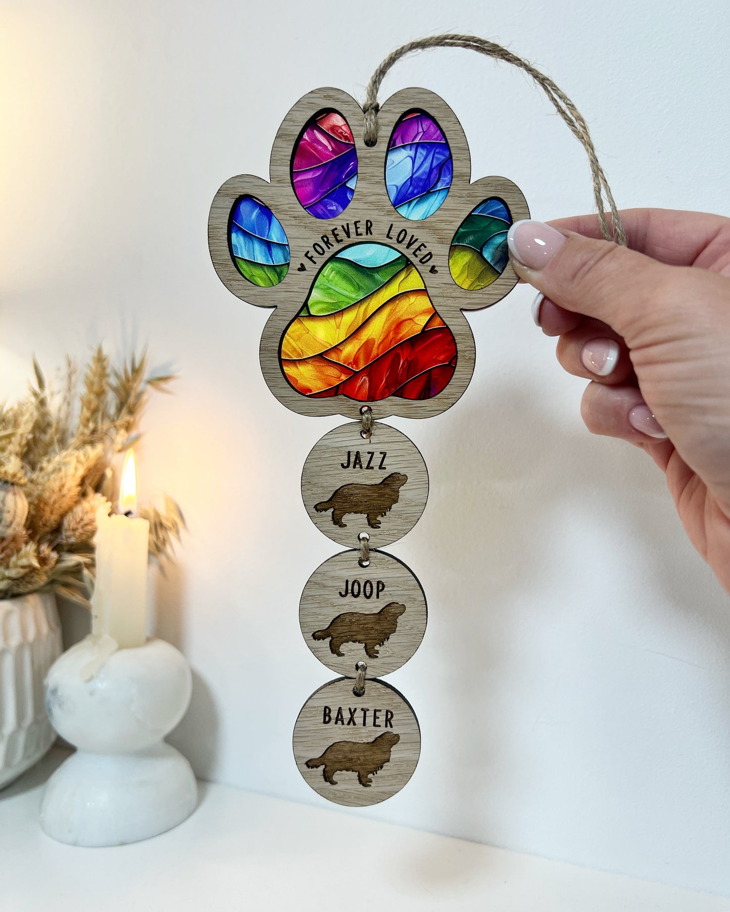 Rainbow Dog Paw Stained Glass Memorial