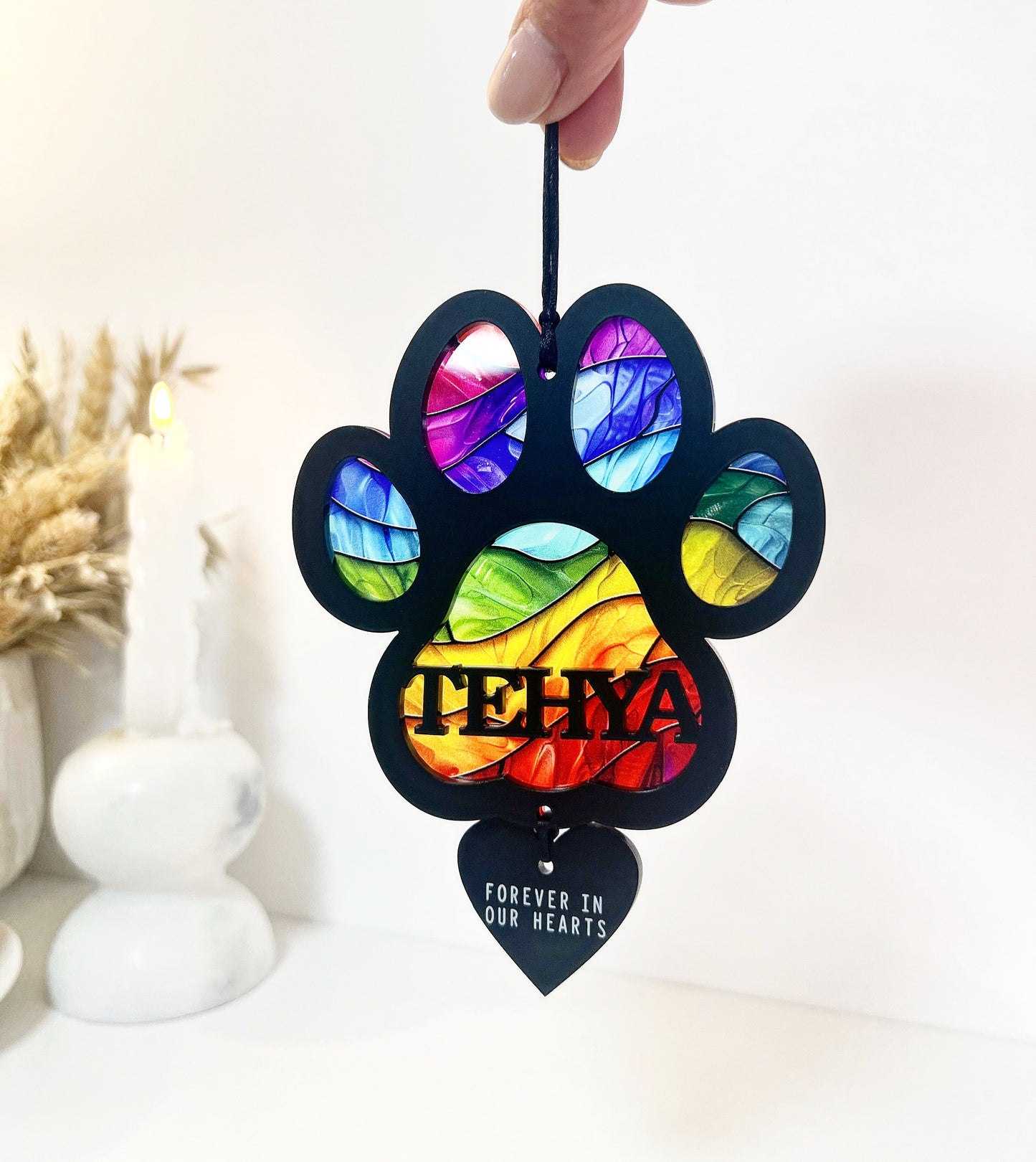 Outdoor Rainbow Dog Black Paw Stained Glass