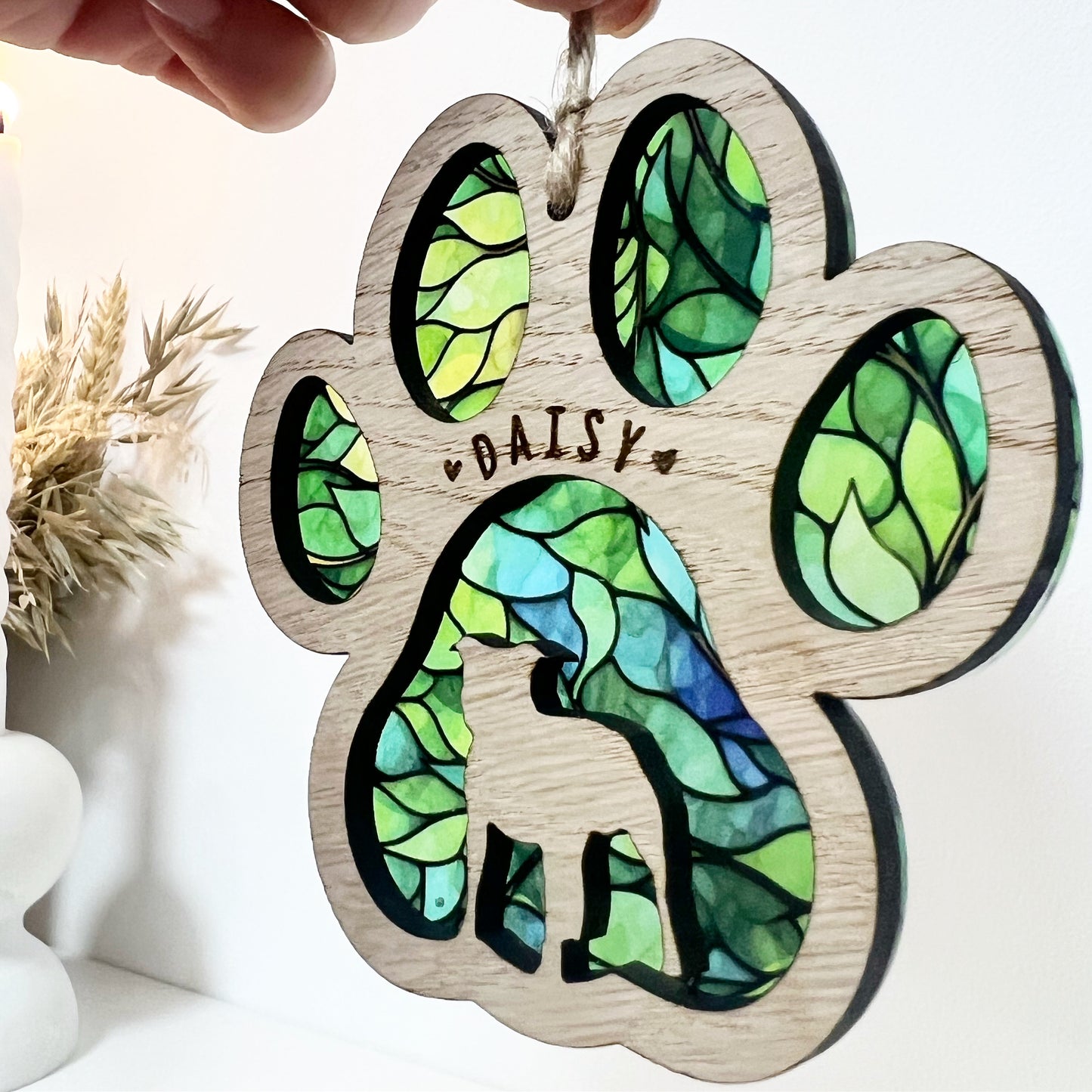 Green Paw Dog Breed Stained Glass