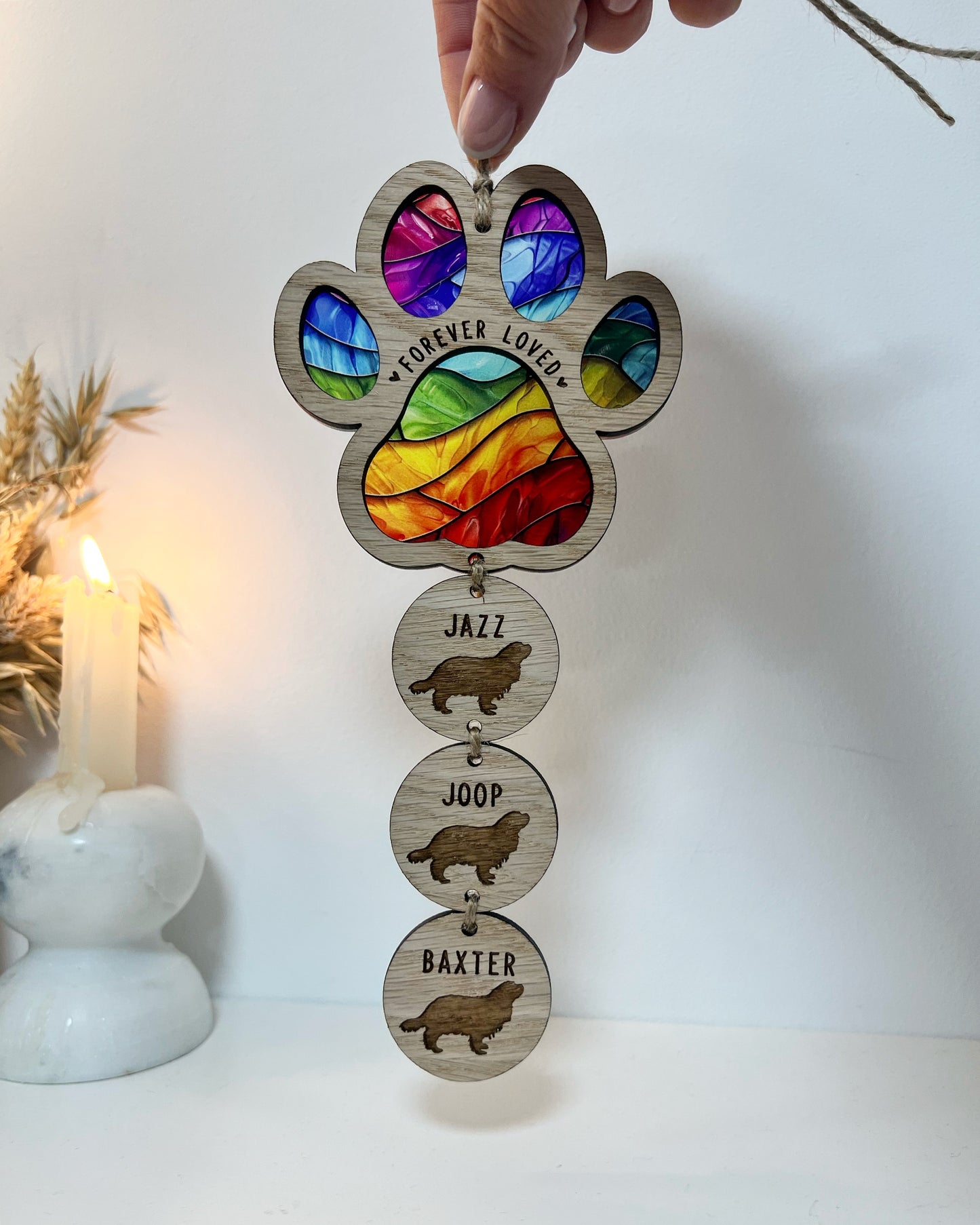 Rainbow Dog Paw Stained Glass Memorial