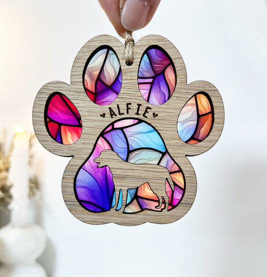 Purple Paw Dog Breed Stained Glass