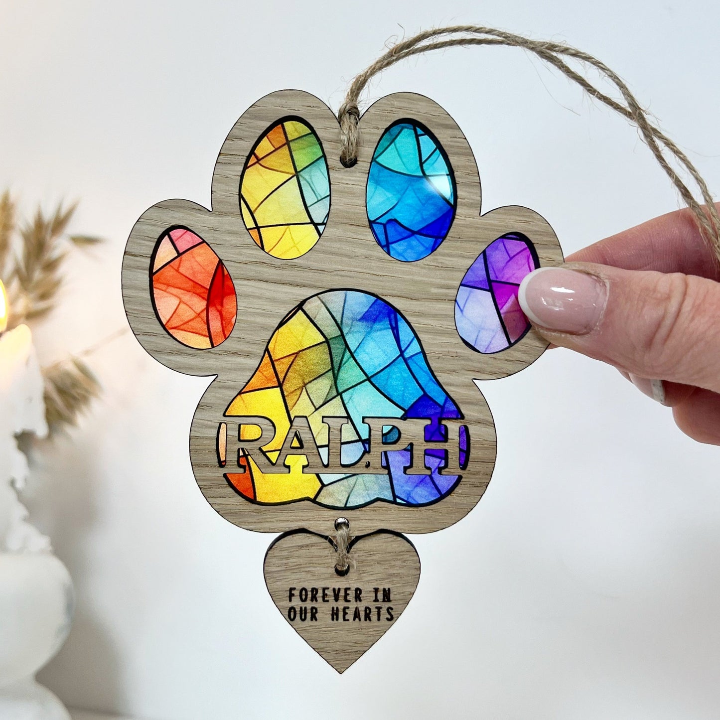 Rainbow Dog Paw Stained Glass