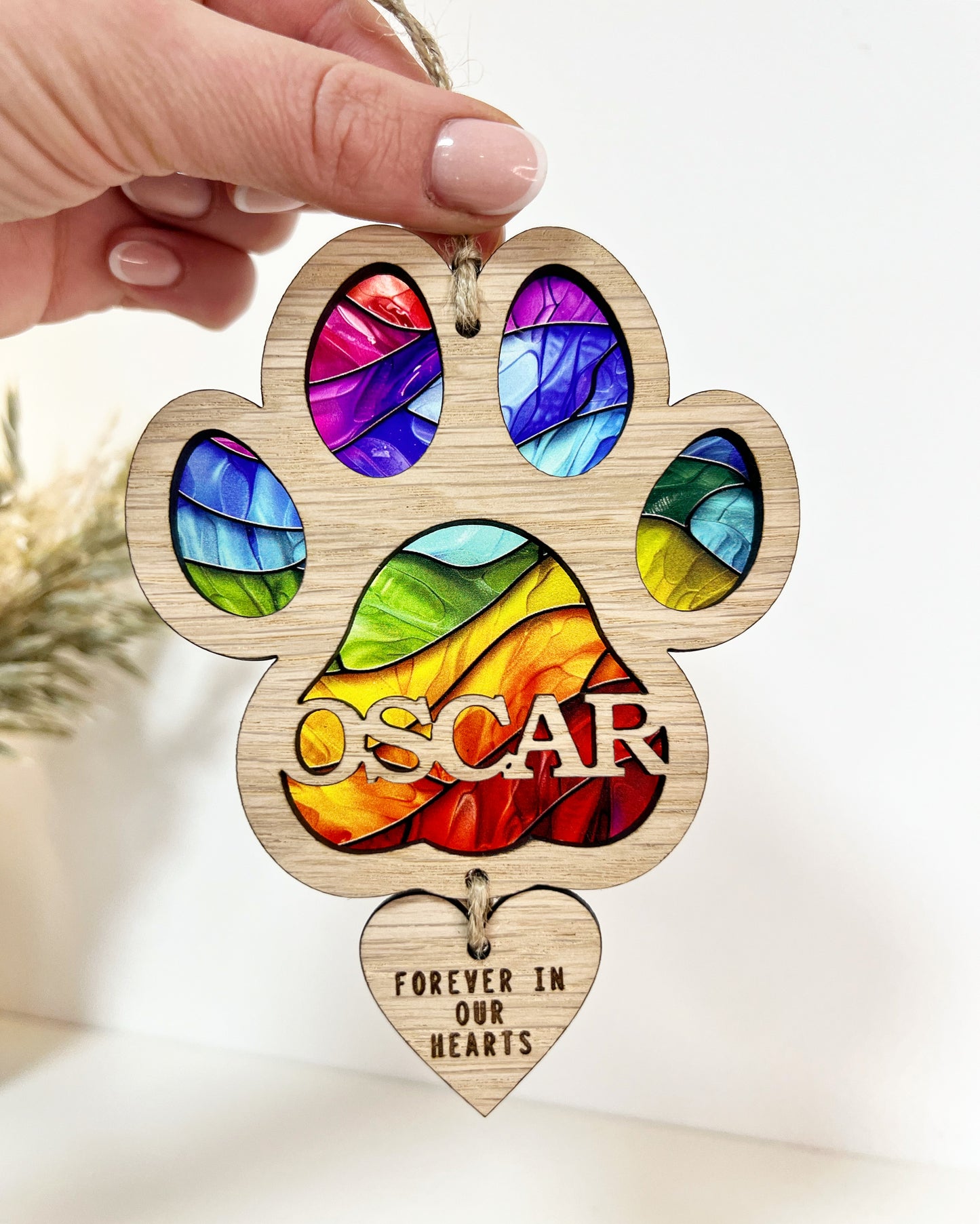 Rainbow Dog Paw Stained Glass