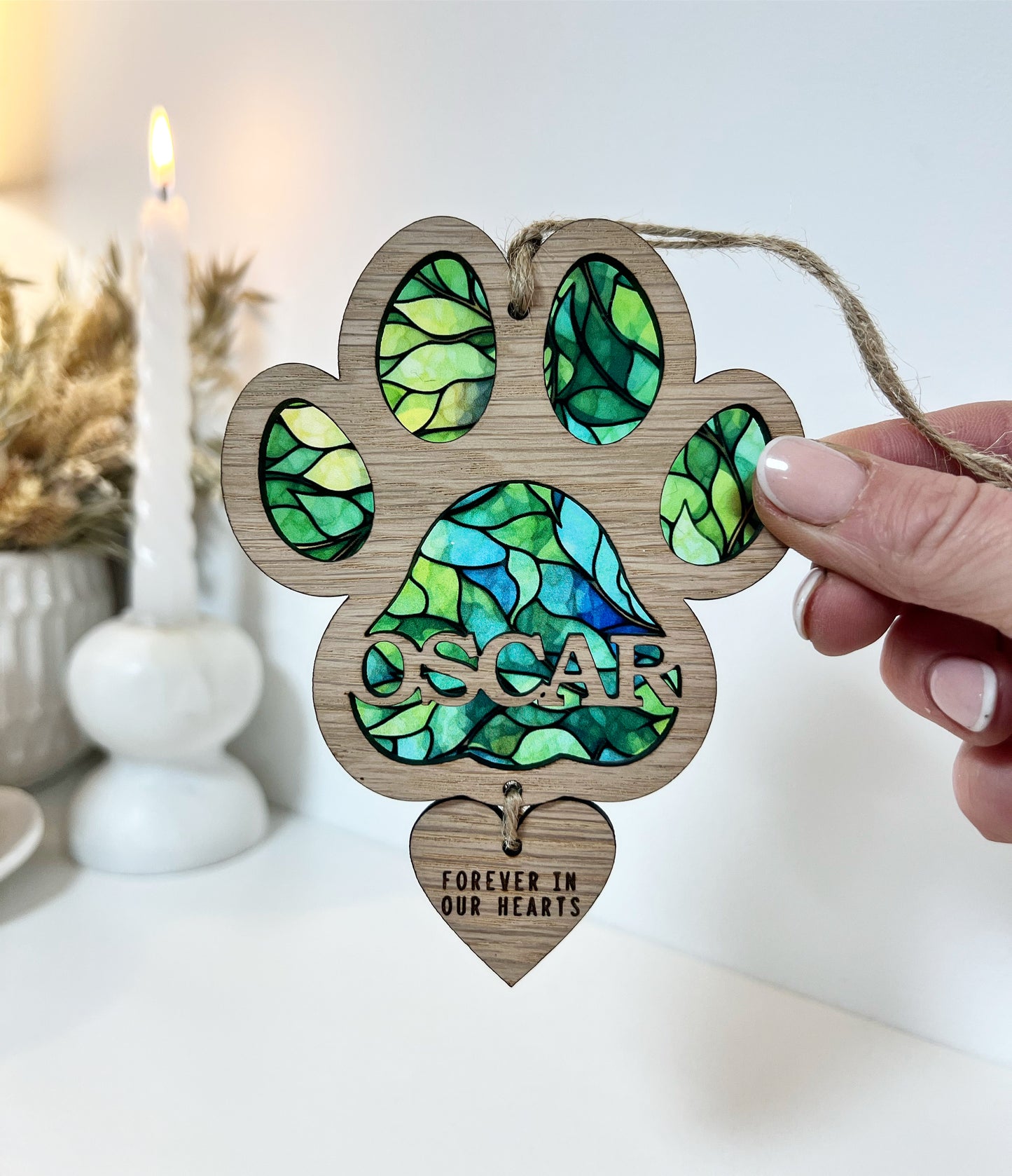 Green Dog Paw Stained Glass
