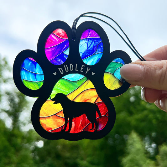 Outdoor Rainbow Black Paw Dog Silhouette Stained Glass