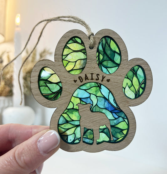 Green Paw Dog Breed Stained Glass