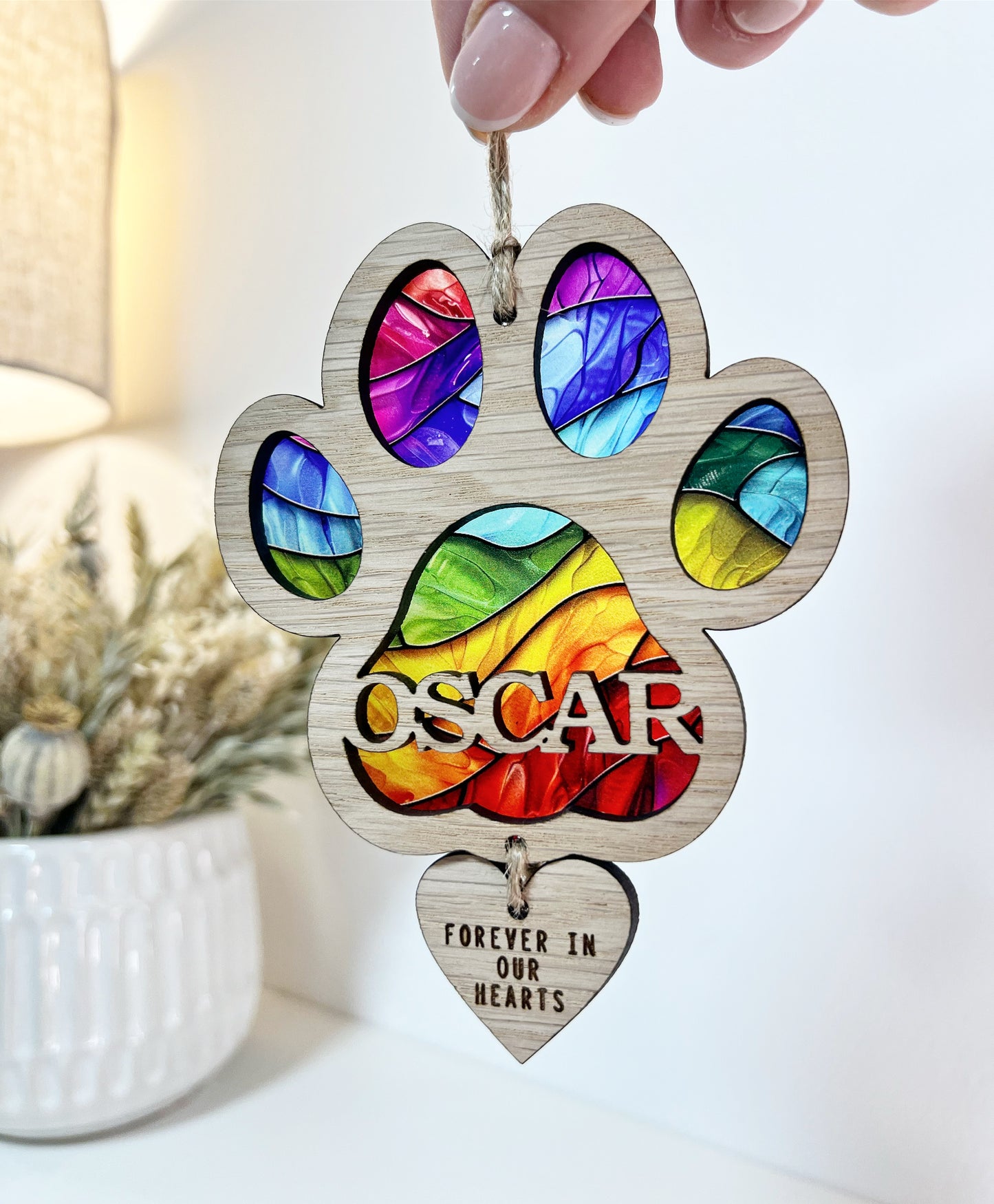 Rainbow Dog Paw Stained Glass