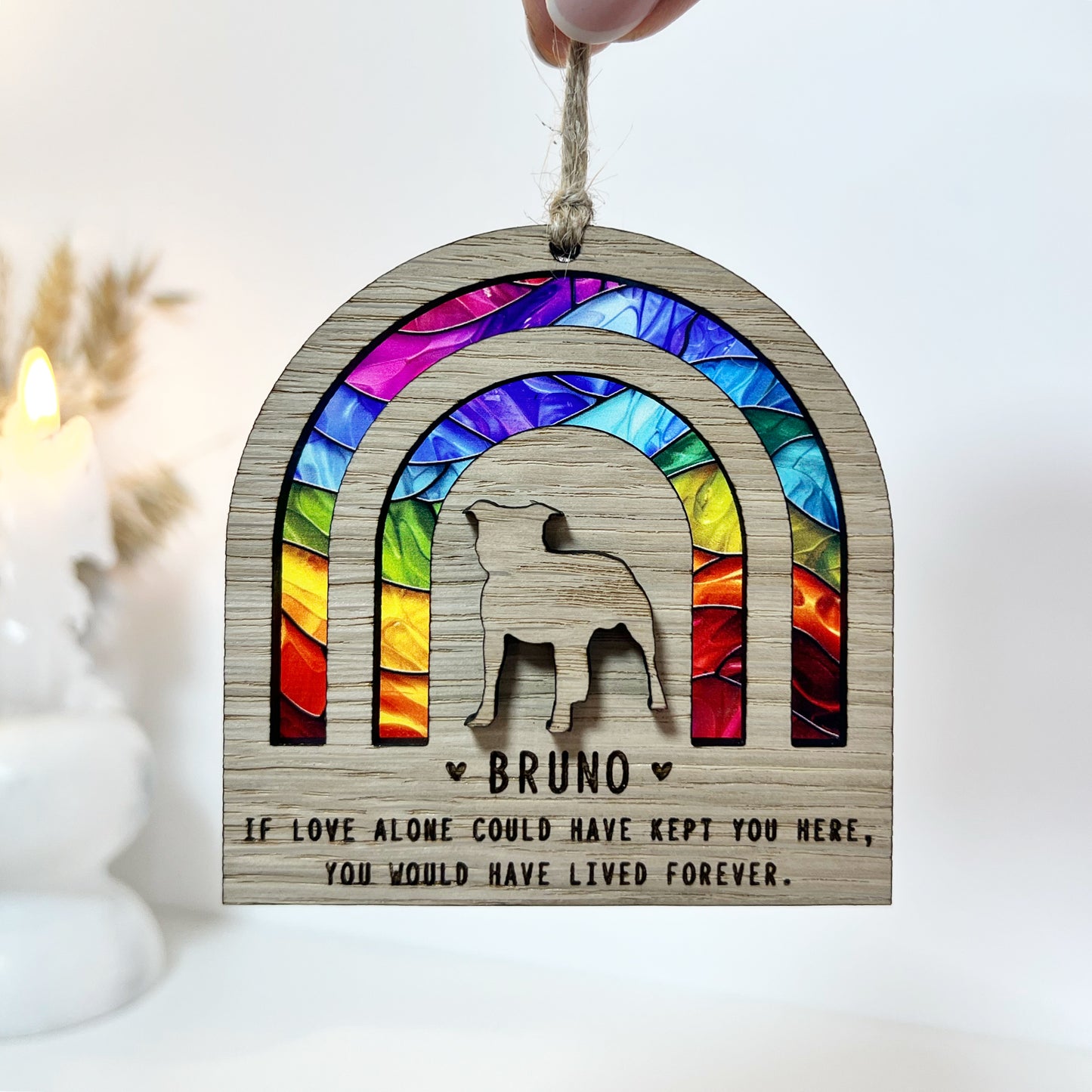 Rainbow Bridge Stained Glass with 3D Dog