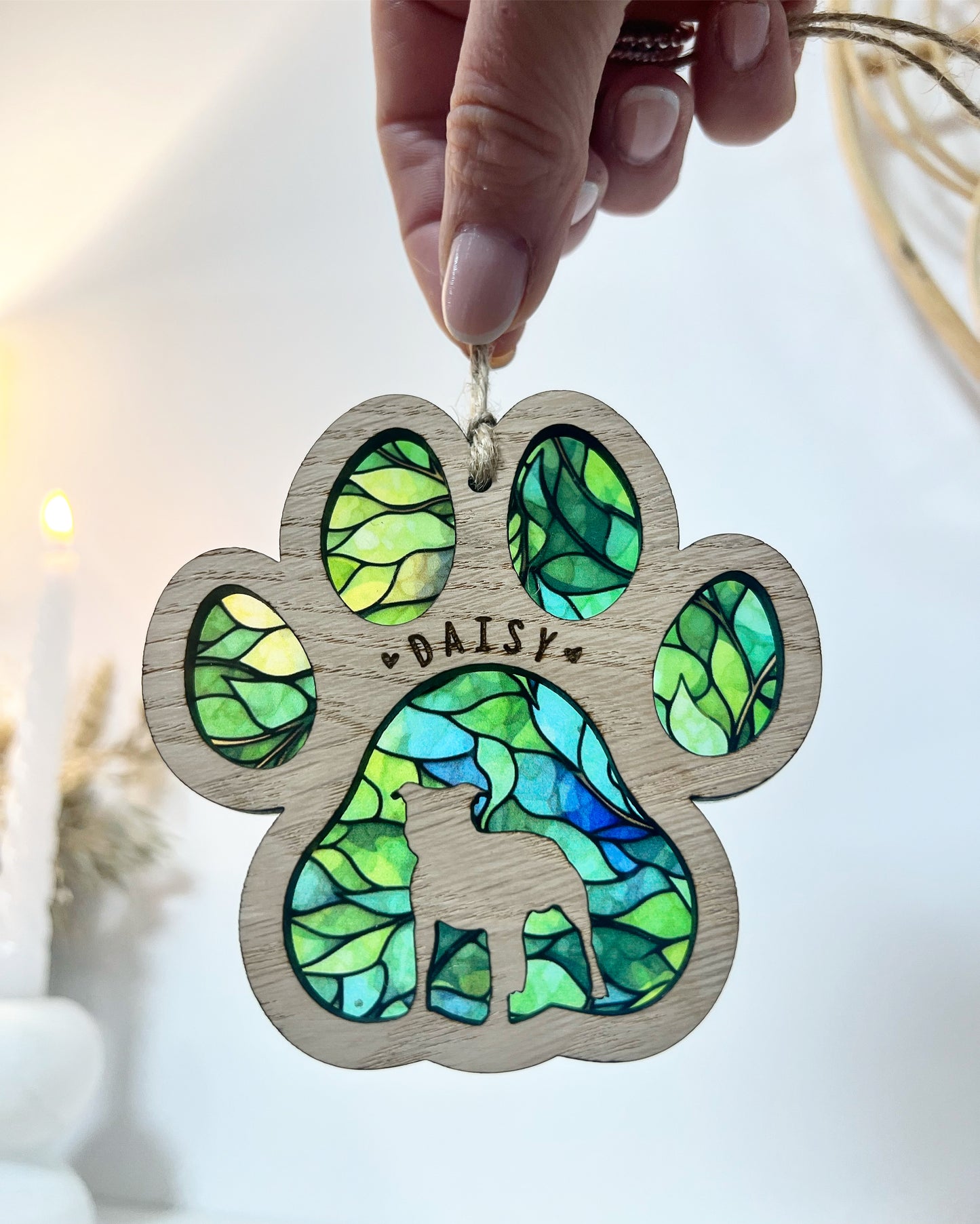 Green Paw Dog Breed Stained Glass