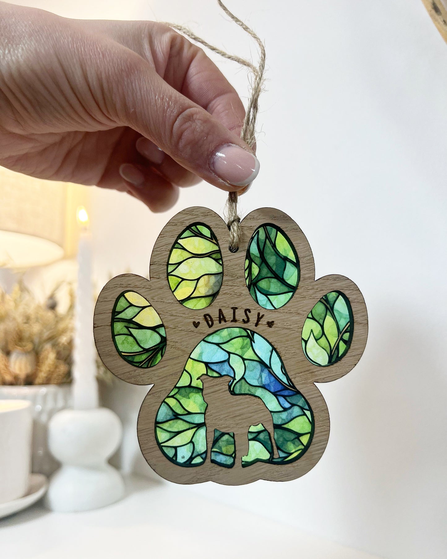 Green Paw Dog Breed Stained Glass