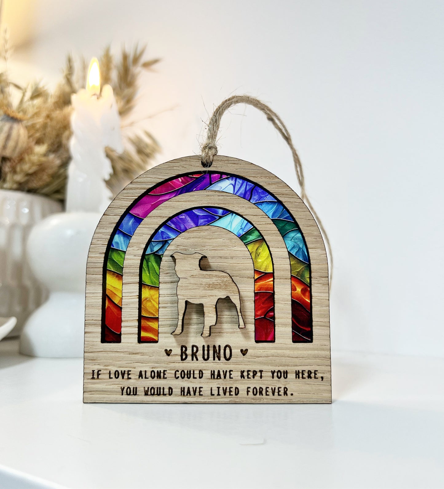 Rainbow Bridge Stained Glass with 3D Dog