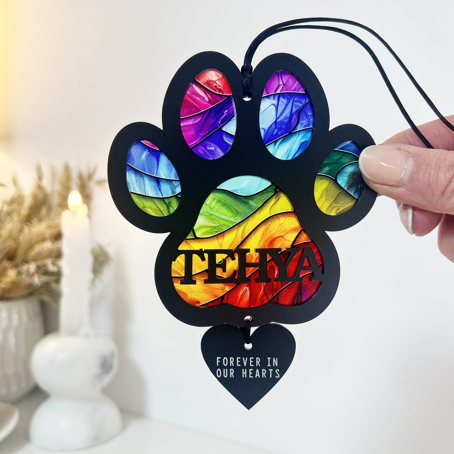 Outdoor Rainbow Dog Black Paw Stained Glass