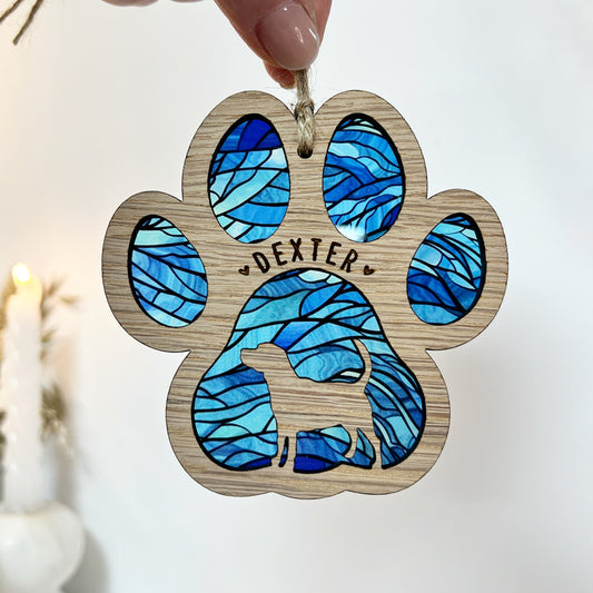 Blue Paw Dog Breed Stained Glass