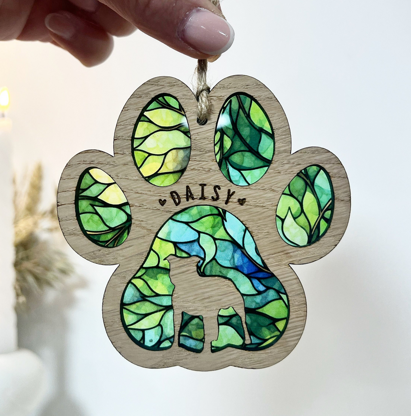 Green Paw Dog Breed Stained Glass