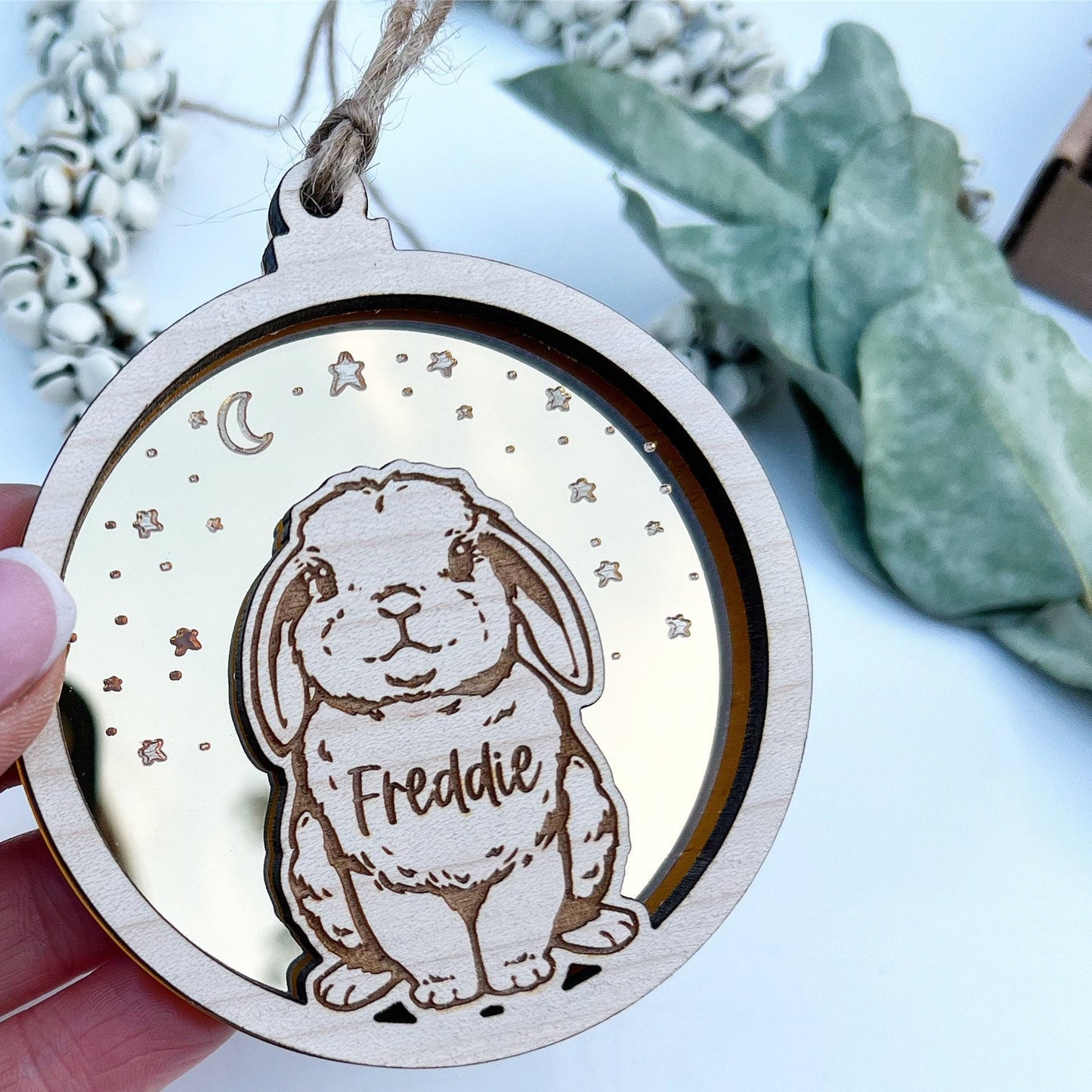 Rabbit moon and stars ornament